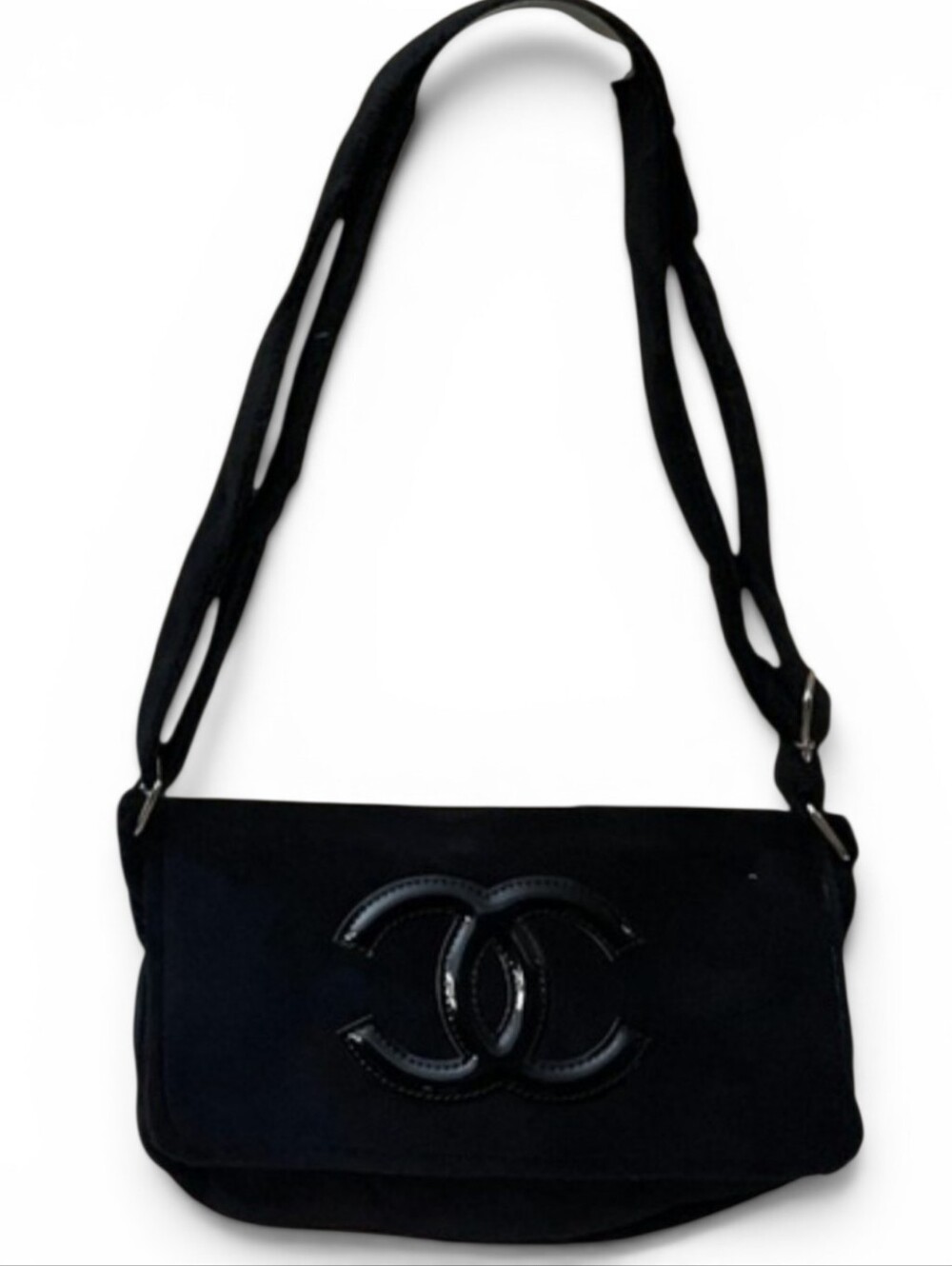 CHANEL Black Crossbody Bag with Patent CC Emblem